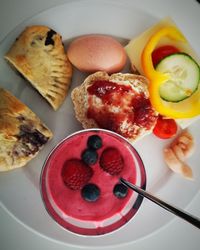 High angle view of breakfast served on table