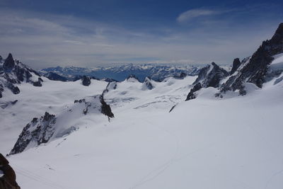 Scenic view of snow covered mountains against sky