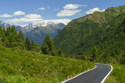 Road amidst trees and mountains against sky