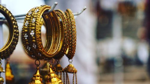 Close-up of metal decoration hanging on display at store