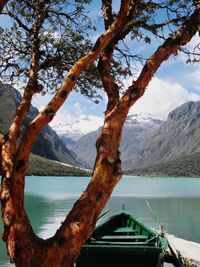 Scenic view of lake by mountains against sky