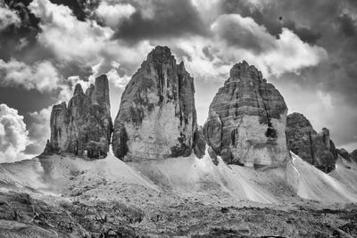 Low angle view of mountain against cloudy sky