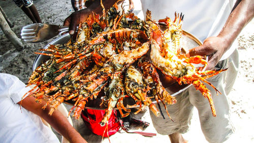 Midsection of man holding cooked lobsters in plate at beach