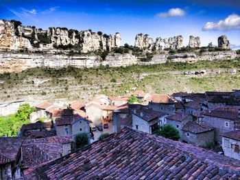 High angle view of old town against sky