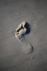 High angle view of footprints on sand at beach