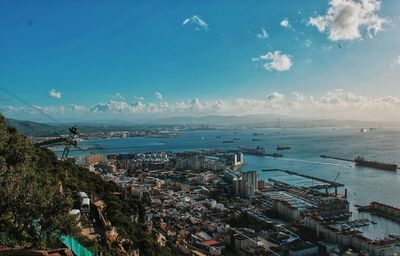 High angle view of sea and buildings against sky