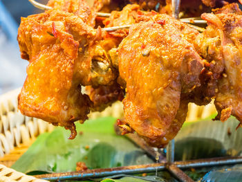 Close-up of meat on barbecue