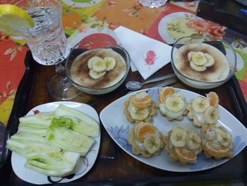 High angle view of food served on table