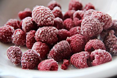 Close-up of raspberries in plate