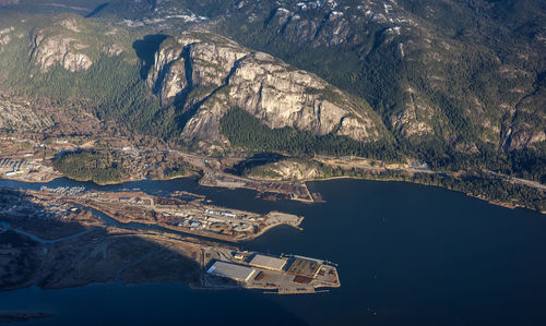 High angle view of lake against mountain range