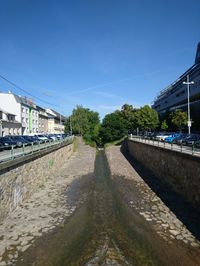 Canal amidst buildings against clear blue sky