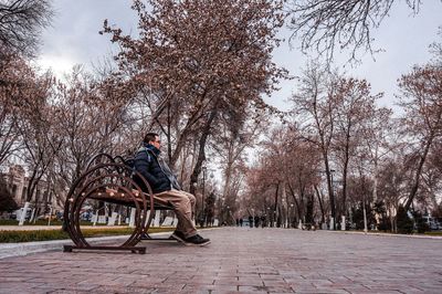 Side view of man sitting on bench in park