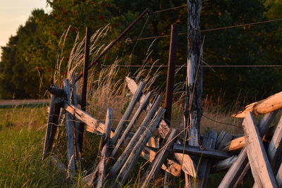Close-up of wooden fence on field