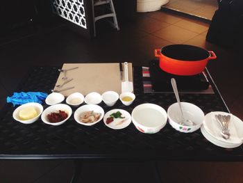 High angle view of tea cups on table