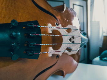 Close-up of violin on table