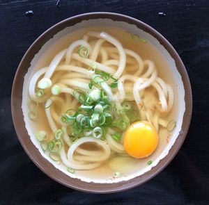 High angle view of soup in bowl on table