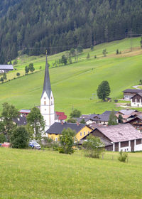 Houses on field by trees and buildings against sky