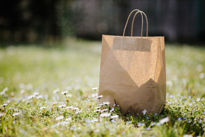 Close-up of gift box on field