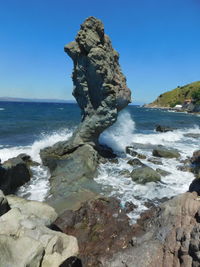 Scenic view of rocks in sea against clear sky