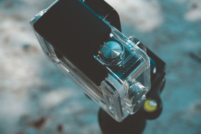 High angle view of camera on tripod