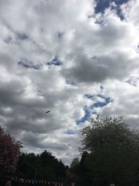Low angle view of birds flying against cloudy sky