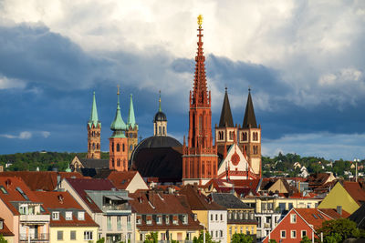 View of buildings in town against cloudy sky