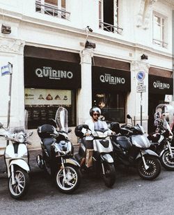 Bicycles parked on street in city