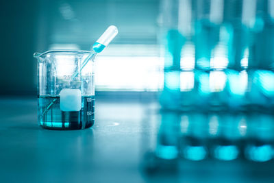 Close-up of test tubes and liquid in laboratory