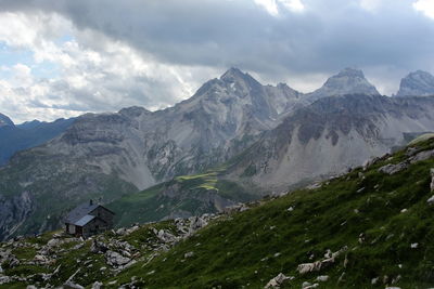 Scenic view of mountains against cloudy sky