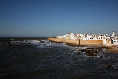 Areal panoramic view of essaouira ramparts on atlantic coast, in essaouira, morocco