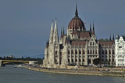 Hungarian parliament building by river against clear sky