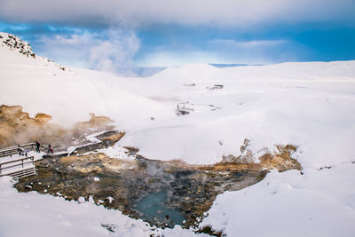 Snow covered landscape against sky