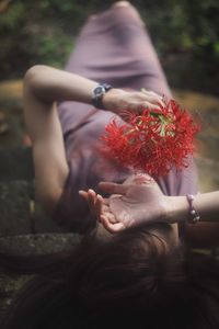 Midsection of woman holding red flowering plant