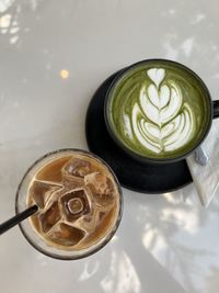High angle view of cappuccino on table