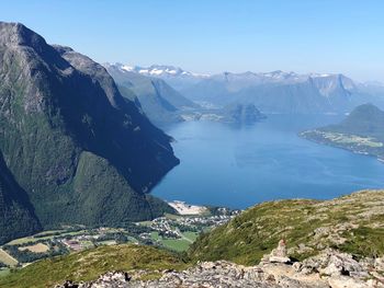 Scenic view of lake by mountains against sky