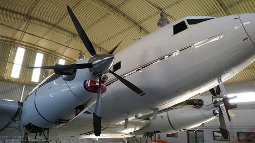 Low angle view of airplane in museum