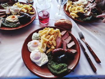 High angle view of breakfast served on table