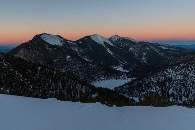 Scenic view of snowcapped mountains against sky during sunset