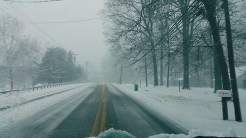 Snow covered road amidst trees during winter