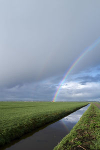 Scenic view of rainbow over field against sky