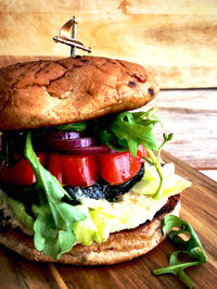 Close-up of burger on table