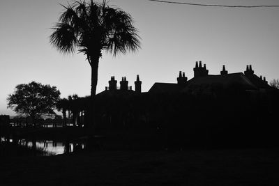 Silhouette of palm trees and buildings against sky