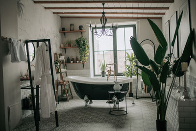 Luxury interior of big bathroom at modern african style with oval bathtub in natural lighting