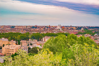 High angle view of trees and houses against sky