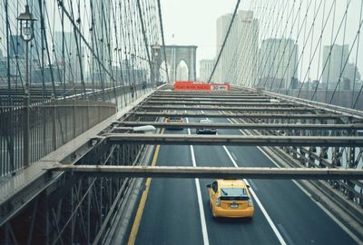 High angle view of cars on brooklyn bridge in city