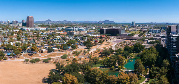 High angle view of townscape against clear sky