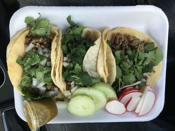High angle view of food in plate on table
