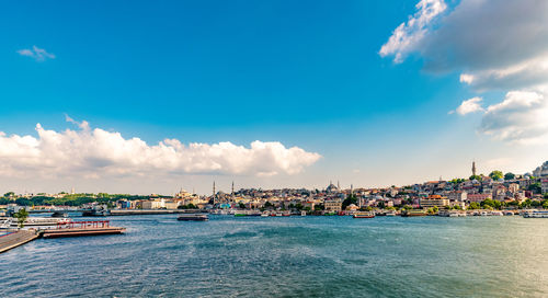 Aerial view of townscape by sea against blue sky