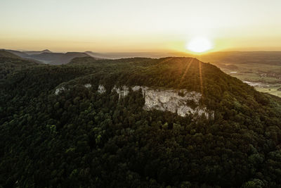 High angle view of landscape against sky during sunset