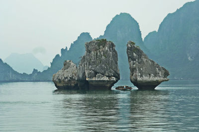 Panoramic view of bay against clear sky